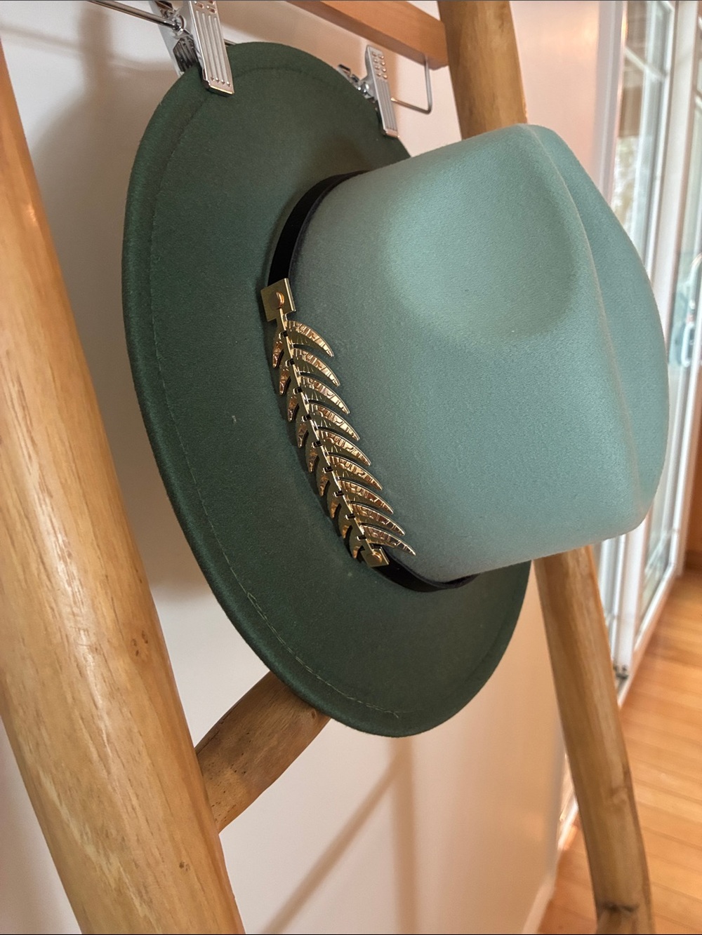 Green Wool Fedora with Gold Leaf Accent